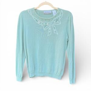Vintage Coquette Alfred Dunner Light Blue Embellished Sweater with Bow Detail